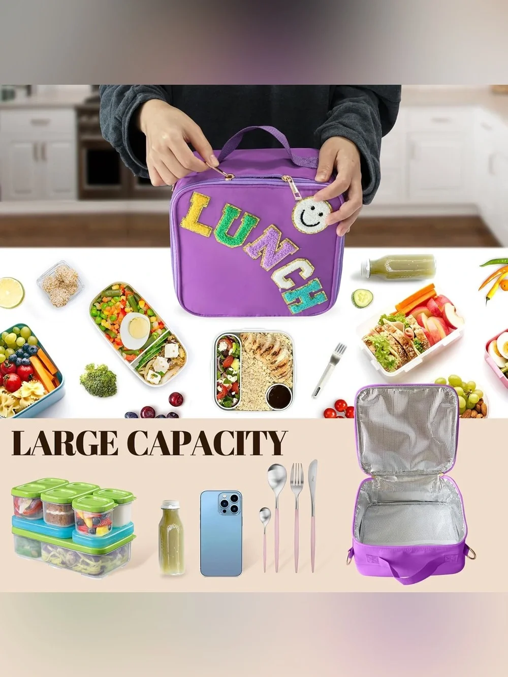 Kids Purple Lunch Bag with Cheerful Patch